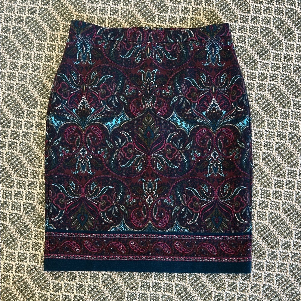 Talbots Paisley Pencil Skirt Blue Burgundy Knee Length Office Career Skirt | 6